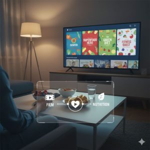 a person sitting in front of a TV at home browsing for food programs of TV with several food items on the table