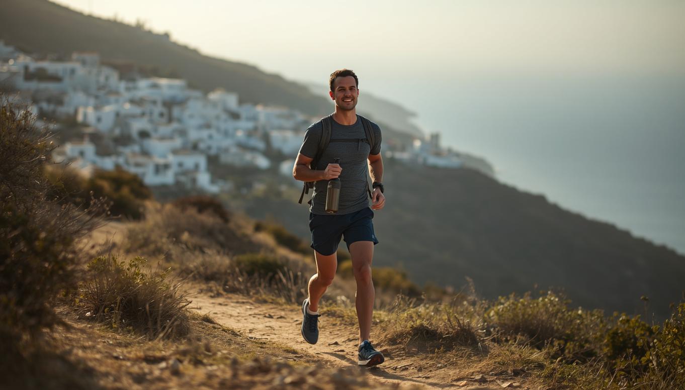 A man hikes a sunny mountain trail above a whitewashed Spanish village overlooking the sea.